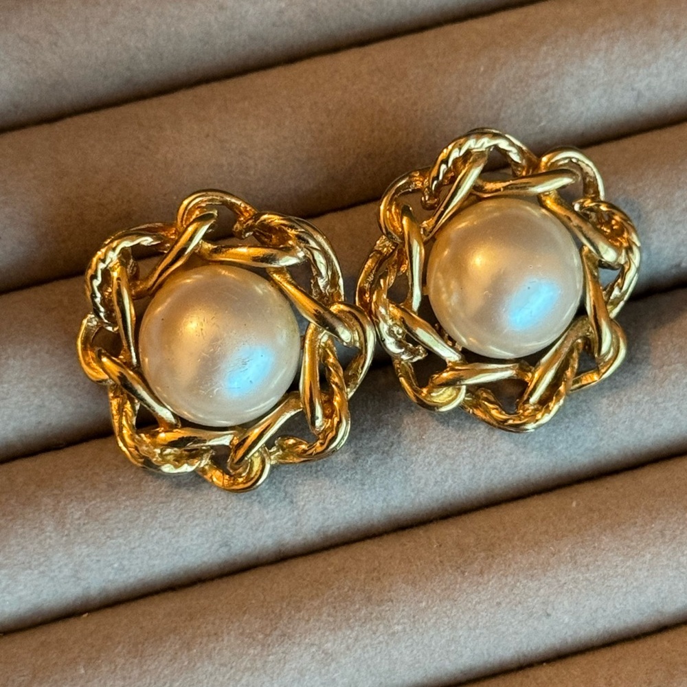 Givenchy Vintage Pearl Earrings Gold Chain Caged Chunky Signed Runway 1980s